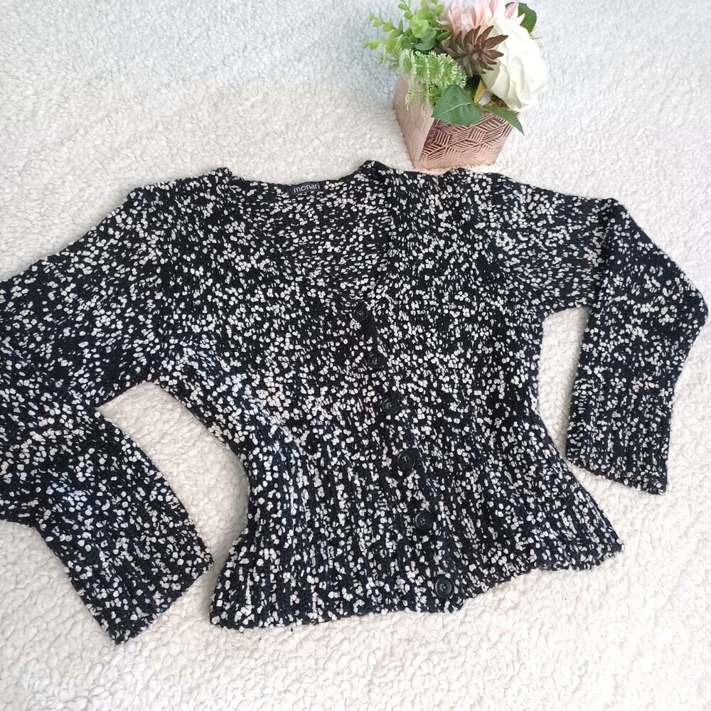 Monari Womens Button Up Wool Cardigan Black White Knit Sweater